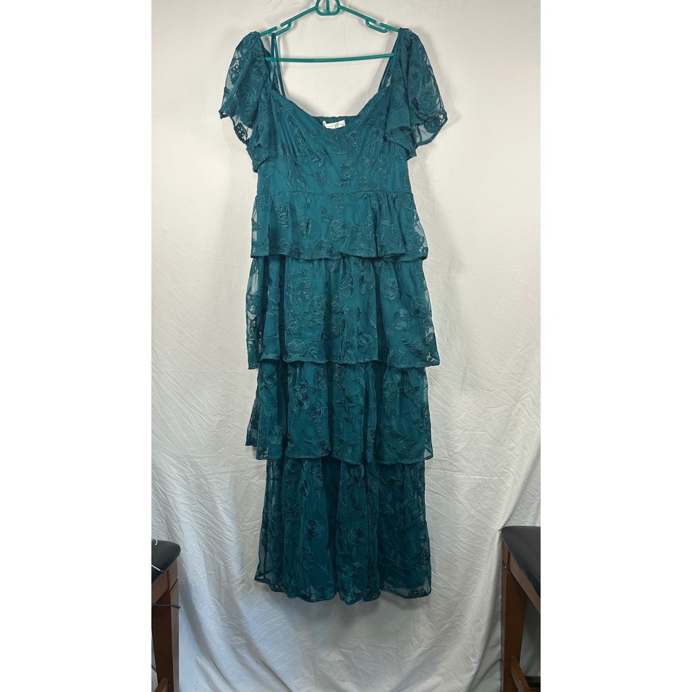 Altar'd State Maxi Dress Womens XL Teal Floral Embroidered Tiered Ruffle Mesh